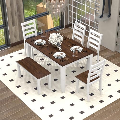 LUMISOL 6-Piece Farmhouse Dining Table Set for 6-7, Solid Wood Kitchen Table ...