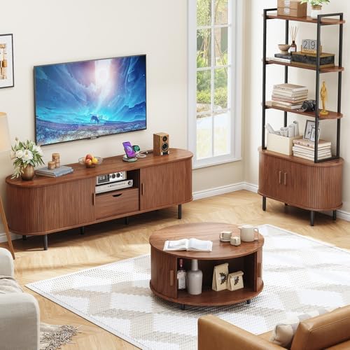 ONBRILL 69" TV Stand with Power Outlet for TVs up to 80", Walnut | ...