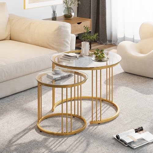 Garden 4 you Nesting Coffee Table, 23.6" Round Coffee Table Set of 2, Gl...
