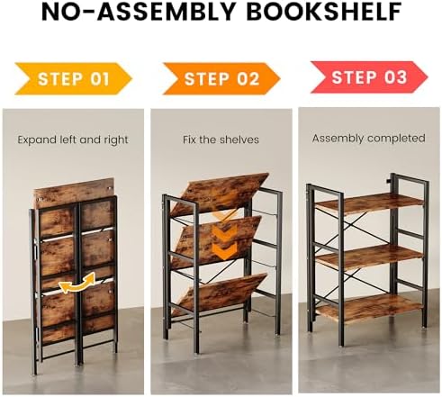 Homeiju Folding Bookshelf No Assembly, 3 Tier Bookcase Foldable Shelf