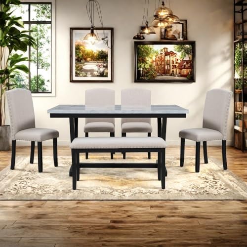 LUMISOL 6 Piece Dinette Set Large Dining Table Set with Bench Include Faux Ma...