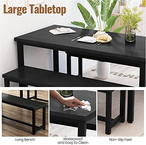 Dining Room Table Set with 2 Benches, Farmhouse Dining Table Set for 4-6, Woo...