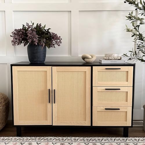 PHI VILLA Black Rattan Cabinet with Doors, Buffet Sideboard Cabinet with Draw...