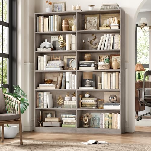 FACBOTALL Bookshelf Tall Bookcase, 6-Tier Double Wide Bookshelves,Wash Grey