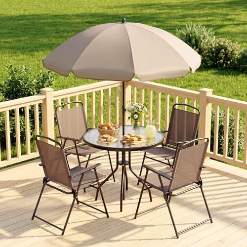 TLSUNNY 6 Pieces Glass Table and Folding Textilene Chairs with 65″ Umbrella