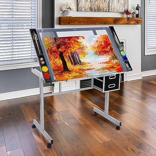 Nova Microdermabrasion Glass Top Drafting Table with Storage, Adjustable Draw...