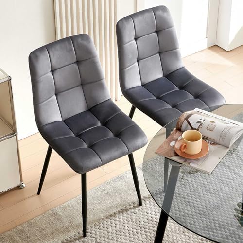 NORDICANA Grey Velvet Dining Chairs Set of 4, Upholstered Tufted Kitchen Chai...