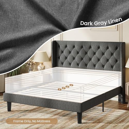 SHA CERLIN Queen Upholstered Bed Frame, Button Tufted Design, Dark Grey