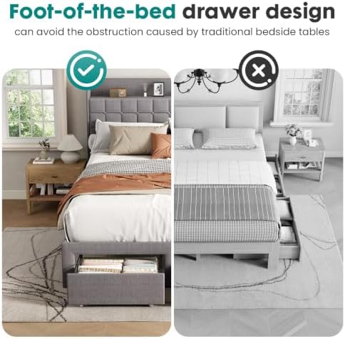 DUMOS Full Bed Frame, Upholstered Platform Bed Frame with Storage Drawers