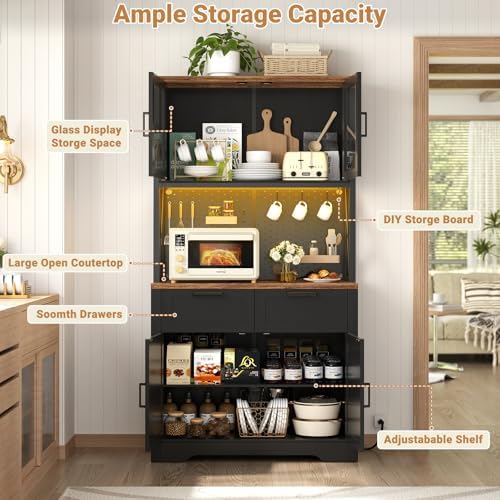 Unikito 71" Kitchen Pantry Cabinet with LED Light & Outlet, Microwav...