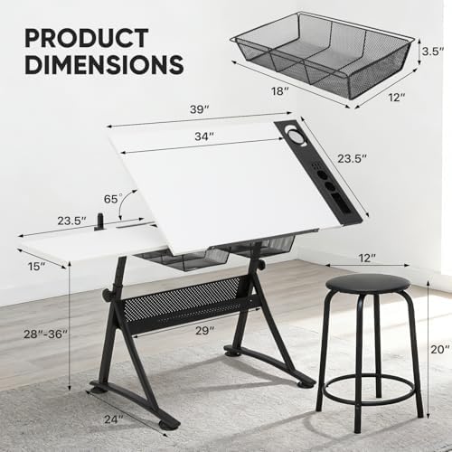 Magshion Drafting Table for Adults w/Stool, White