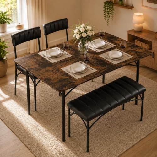 4 EVER WINNER Dining Table Set for 4 with Upholstered Seats, Rustic Brown