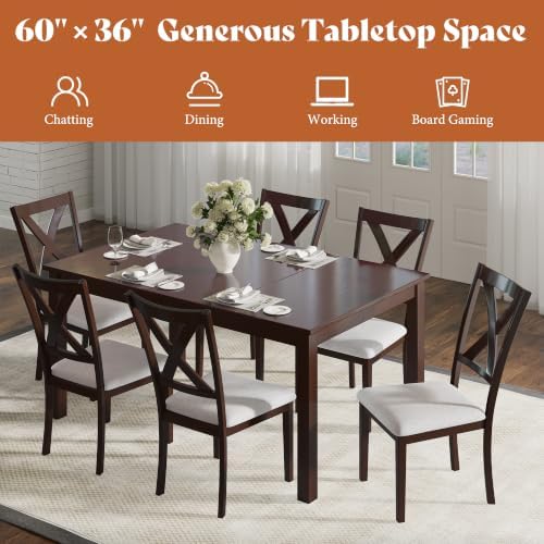 AMERLIFE 7-Piece Farmhouse Dining Table Set for 6, 60'' Table and 6 C...