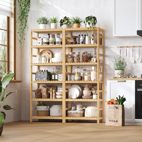 FOTOSOK 6-Tier Bamboo Shelf with Adjustable Shelves, Bamboo Kitchen Cabinet