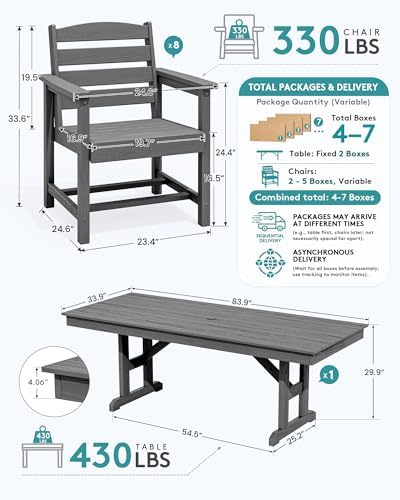 SERWALL 9Pcs 84" HDPE Outdoor Dining Set for 8 with Armchairs,Gray