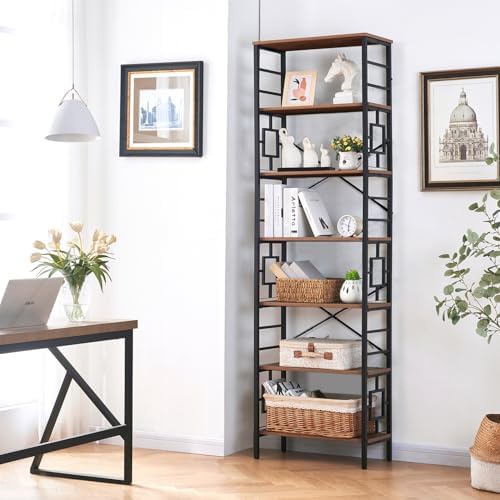 HOMISSUE Tall Bookshelf, 84 Inch Industrial Bookshelf with Metal Frame and Op...
