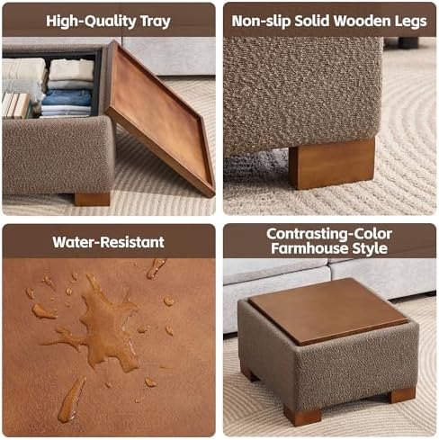 WUTUTUEE 24" Square Ottoman Coffee Table with Storage, Boucle Ottomans w...