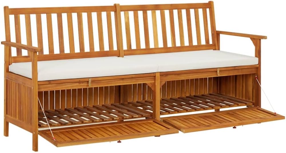Outdoor Storage Bench with Cream Cushion, 67 Inch Acacia Wood Patio Entryway ...