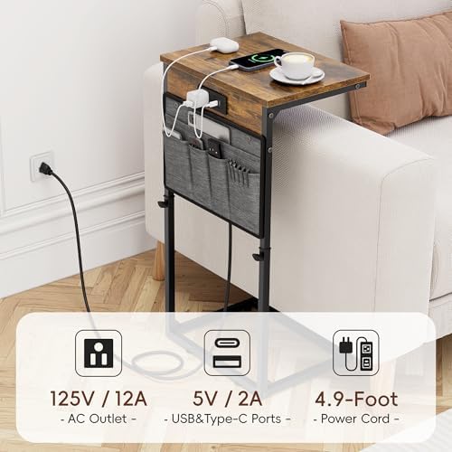 Vagusicc C-Shaped End Table with Charging Station, Small Side Table for Couch...