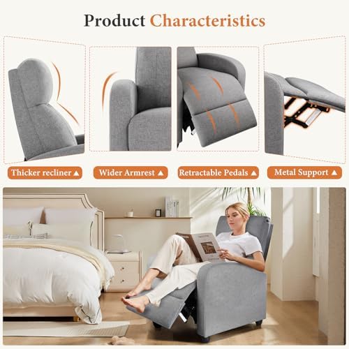 Sweetcrispy Recliner Chair Fabric Recliner Sofa No Massage, Home Theater Seat...
