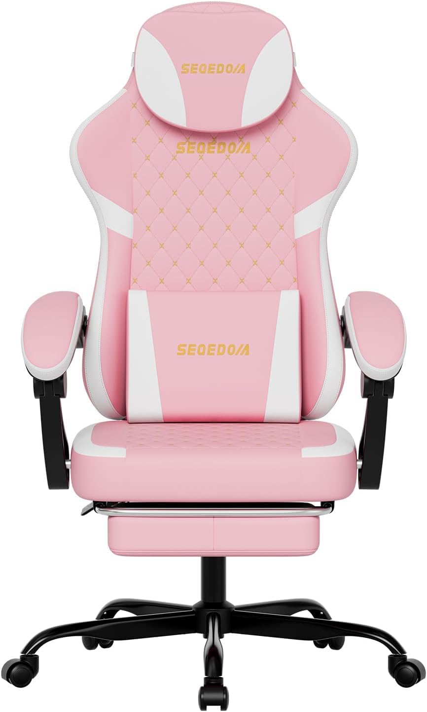 Ergonomic Gaming Chair with Footrest & Massage Lumbar Pillow, Height Adju...