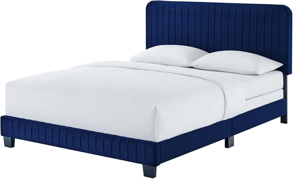 Tufted Platform Bed Frame, King Size, Velvet, Blue Navy, Modern Contemporary,...