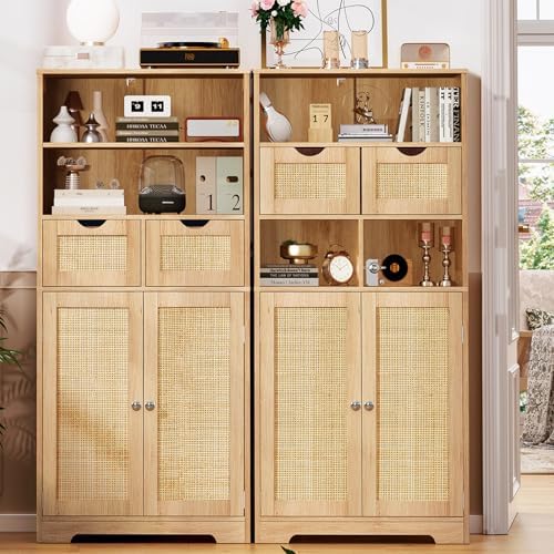 Iwell Tall Storage Cabinet, Rattan Cabinet with 2 Drawers & Adjustable Sh...