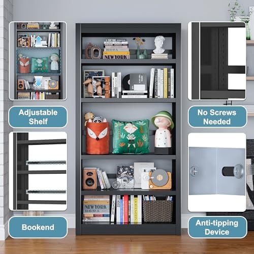 Bookcase, 5-Shelf Industrial Bookshelf, Large Storage Space, Adjustable Books...