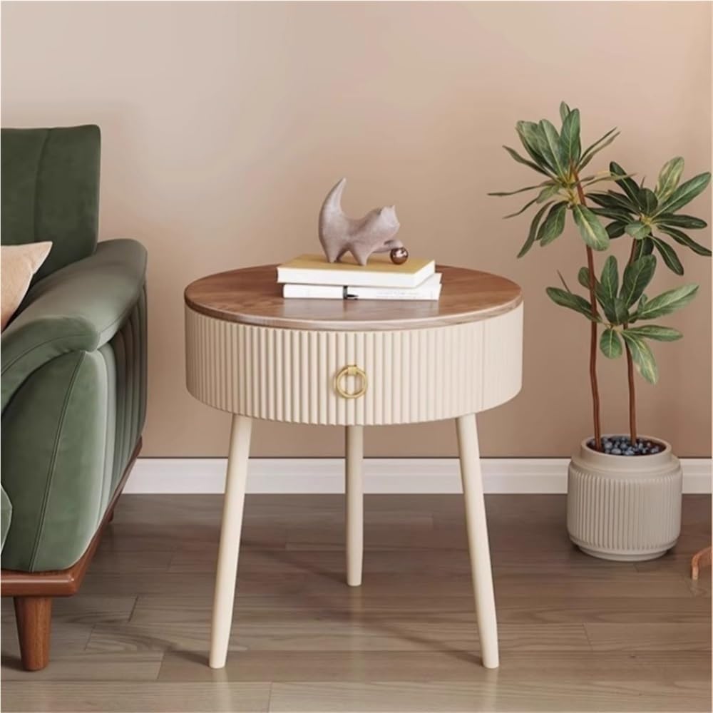 Modern Round End Table with Drawer Wood Double Storage Nightstand Side Table ...