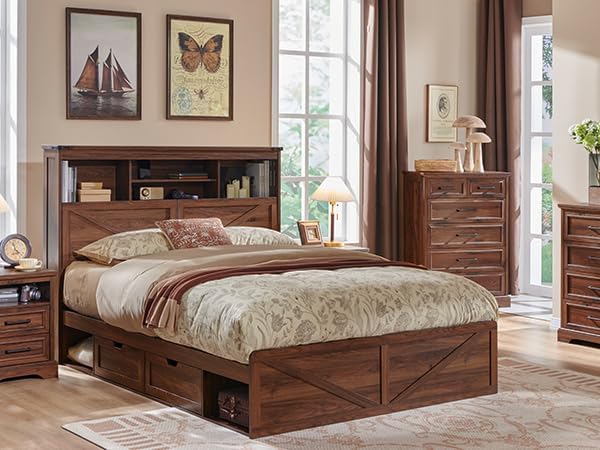 ACCOHOHO Farmhouse Full Size Bed Frame with 52" Tall Storage Headboard a...