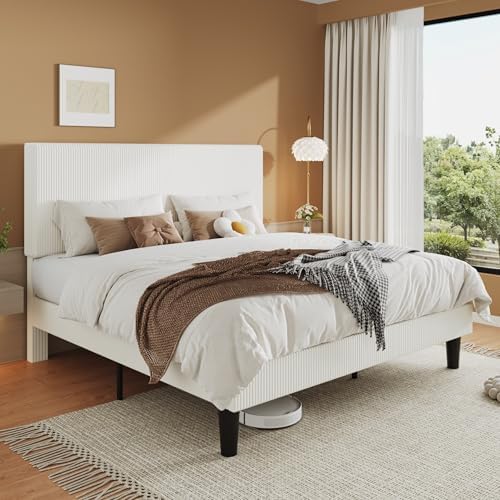 Allewie King Bed Frame, Corduroy Tufted Headboard, White