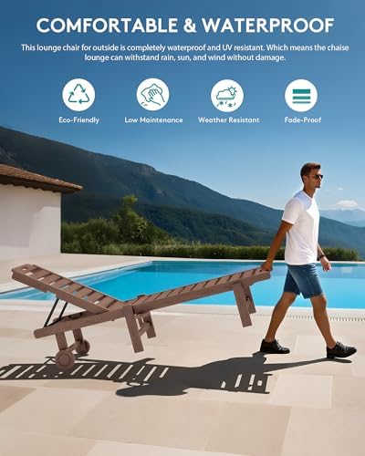 SERWALL HDPE Outdoor Chaise Lounge Set of 2 with Cup Holder & Wheels, Brown
