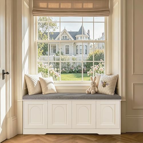 DINZI LVJ Shoe Storage Bench with Cushion, Door, White 47.2" LX17.7 H | ...