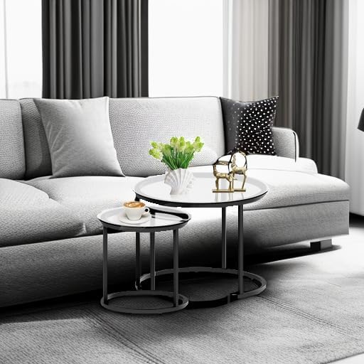 aboxoo Black Nesting Coffee Glass Table Set of 2, Metal Freme Side End Tables...
