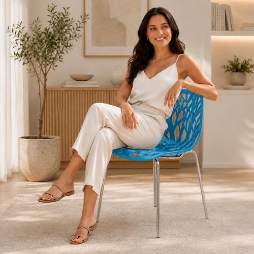 LeisureMod Asbury Modern Dining Chair, Blue, Polypropylene Seat | Chrome Legs...