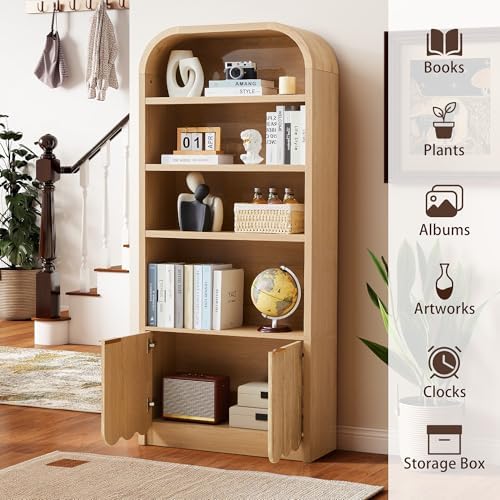 ORRD 70" Tall Arched Bookshelf with Storage Cabinet, Modern 4-Tier Wood ...