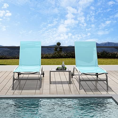 Domi Chaise Lounge Outdoor Set of 3 Lounge Chairs for Outside w/Wheels, 5 Adj...