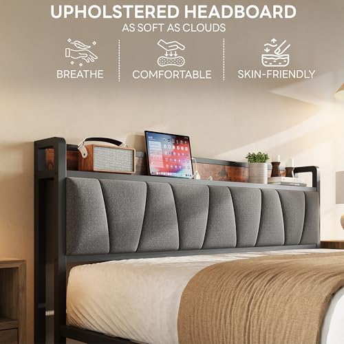LIKIMIO Full Size Bed Frame with Storage Headboard and Charging Station