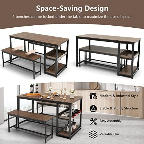 GIANTEX Dining Table Set for 4, 3-Piece 55" L Kitchen Table Set w/ 2 Ben...