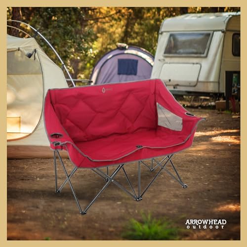 ARROWHEAD OUTDOOR Portable Folding Double Duo Camping Chair Loveseat w/ 2 Cup...