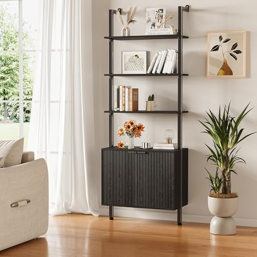 INNOD 74" Tall Bookshelf with Storage Cabinet, Modern Ladder Shelf with ...