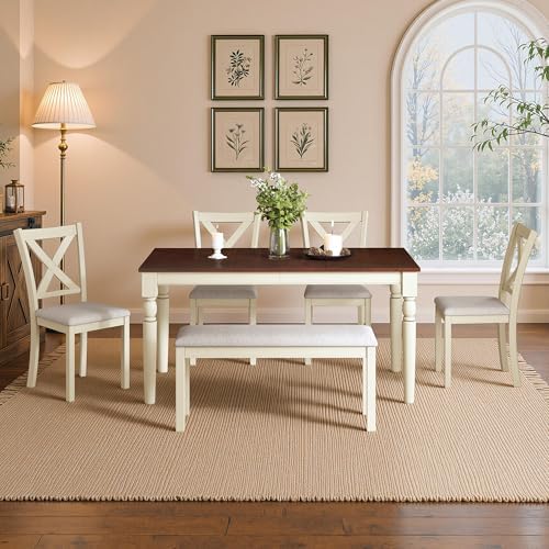 LUXOAK 6 Piece Solid Wood Dining Table Set with 60" Farmhouse Table