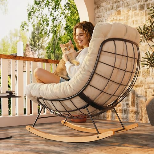 FLEXISPOT Oversized Outdoor Rocking Chair with Thick Cushion, Beige | Thick C...