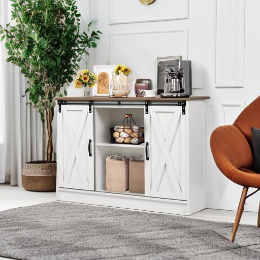 4 EVER WINNER Coffee Bar Cabinet with Sliding Barn Doors, 42”Farmhouse Buffet...