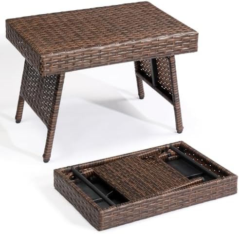 VINGLI Outdoor Folding Rattan Side Table, Portable Wicker End Table for Patio...
