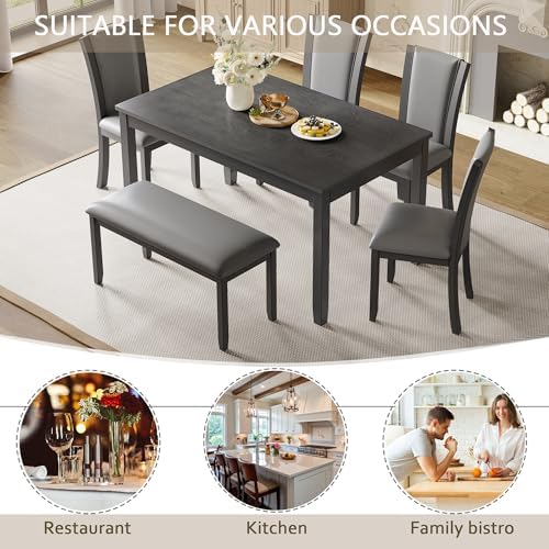6-Piece Dining Table Set with Bench and Chairs - Solid Wood Kitchen Dining Ro...