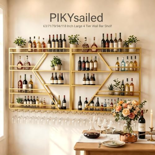 79" 4-Tier Wall Mounted Wine Rack,Metal Gold Bar Shelf,Liquor Glass Holder