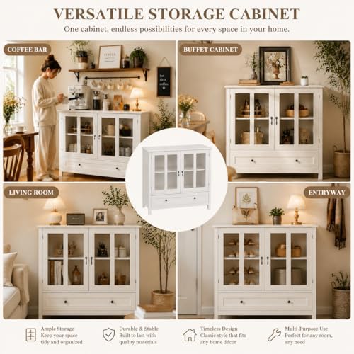 RASOO White Modern Buffet Cabinet with Double Glass Doors