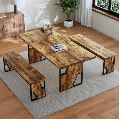 HIPIHOM 70.8" Wooden Dining Table with 2 Benches Kitchen Table and Chairs