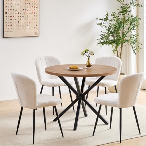 Round Dining Table Set for Kitchen Apartment | 4 chenille chairs, Wood grain ...